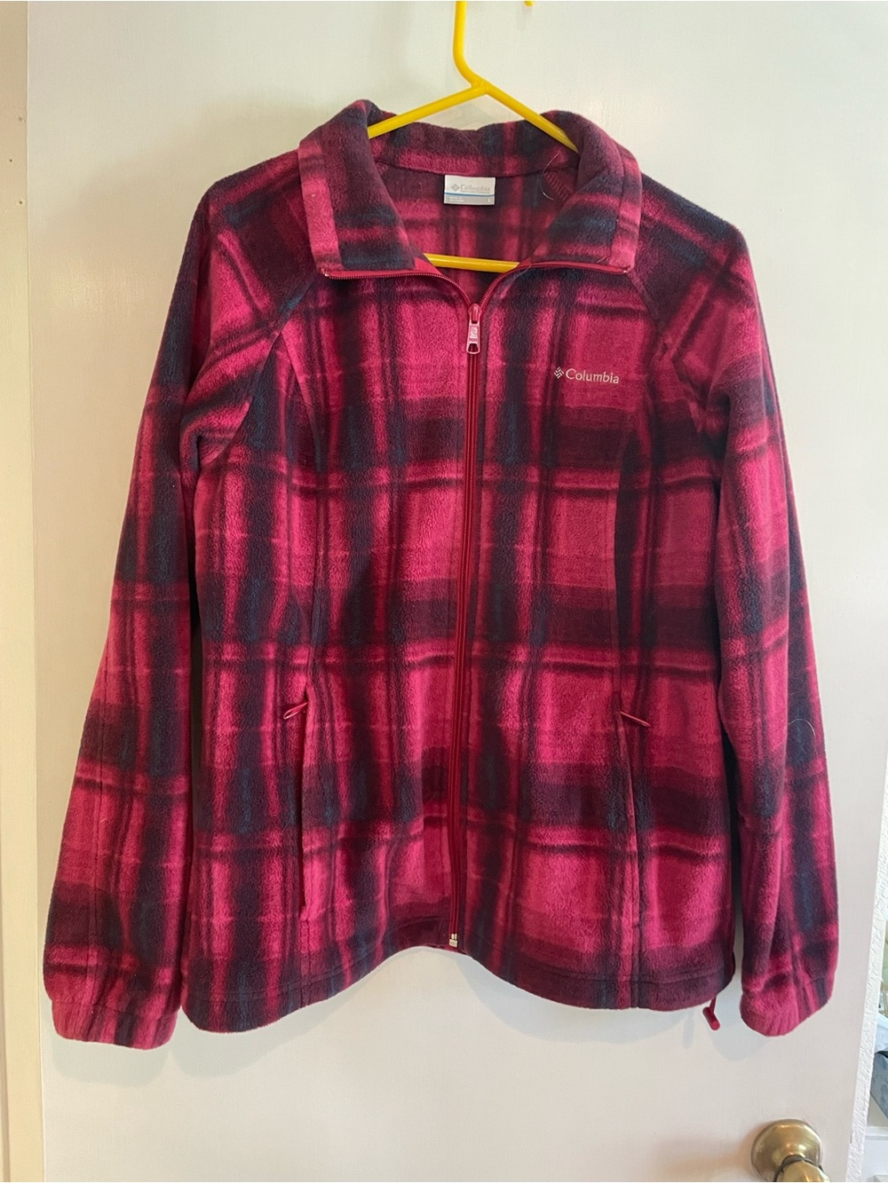 Columbia Pink and Black Plaid Fleece Bomber Jacket